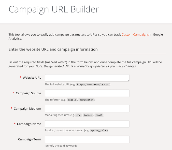 Campos de formulario del Creador de URL de campañas de Google Analytics