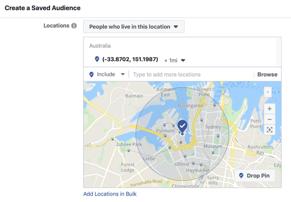 Cómo promocionar su evento en vivo en Facebook, paso 5, opción para crear una audiencia guardada según la ubicación del evento