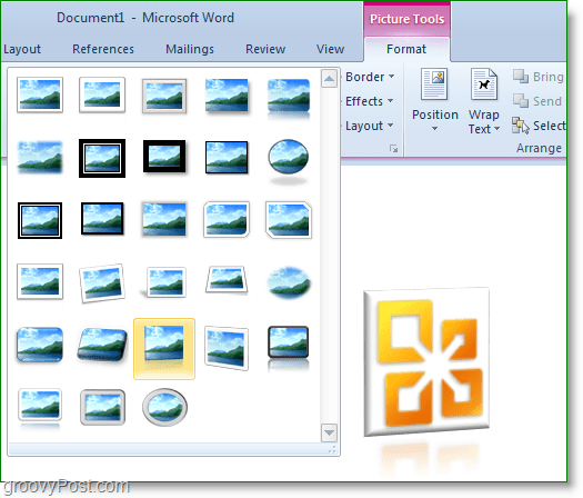 la cinta de formato de herramientas de imagen en Word 2010 tiene muchos efectos fotográficos predefinidos geniales