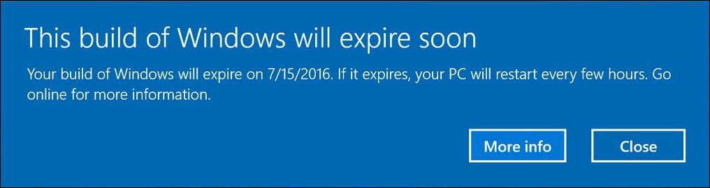 Windows 10 Insider Preview crea alertas para los usuarios con notificaciones de caducidad