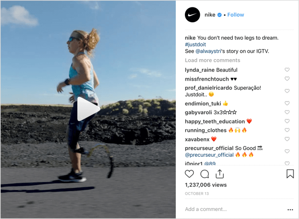 Publicación de Nike en Instagram que promueve IGTV