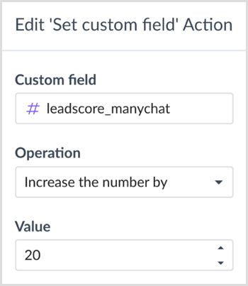 Elija una operación y un valor en el cuadro de diálogo Acción 'Editar campo personalizado' en ManyChat.