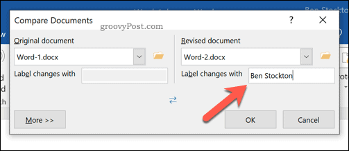 Configurar la etiqueta para cambios revisados ​​en la herramienta de comparación de documentos de Word