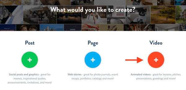 Para crear un nuevo proyecto de video en Adobe Spark, haga clic en Video.