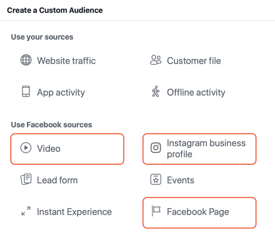 Cómo crear anuncios de alcance de Facebook, ejemplo de fuentes de participación, audiencias personalizadas para anuncios