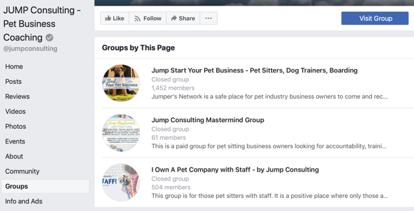 Cómo utilizar las funciones de Grupos de Facebook, ejemplo de grupos en la página de Facebook, JUMP Consulting