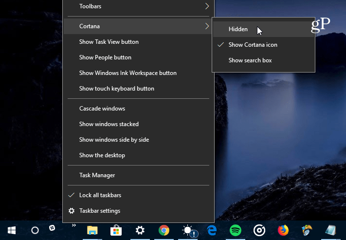ocultar el cuadro de búsqueda de Cortana