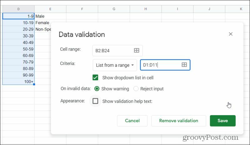 ventana de validación de datos en Hojas de cálculo de Google
