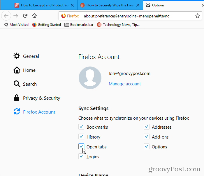 Marque Abrir pestañas en Configuración de sincronización en Firefox para Windows