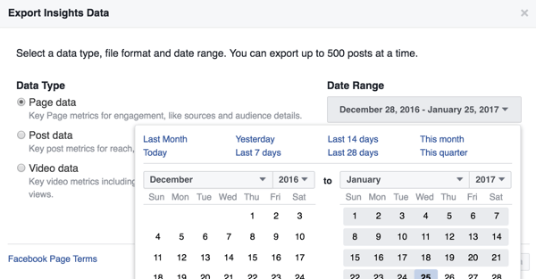 Puede cambiar el intervalo de fechas de los datos de Facebook Insights que está descargando.