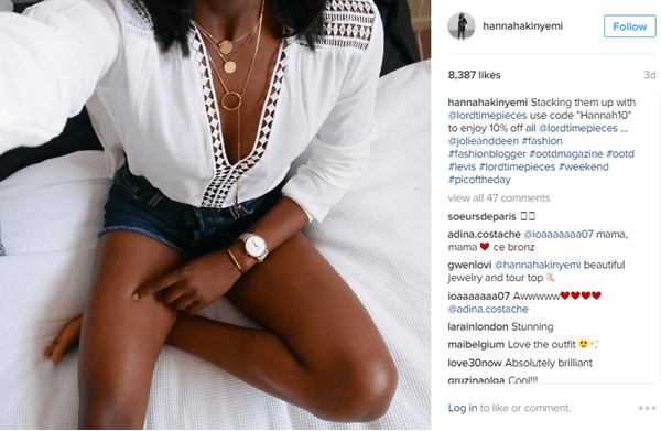 La modelo Hannah Akinyemi presenta un reloj de Lord Timepieces junto con un código de descuento en Instagram.