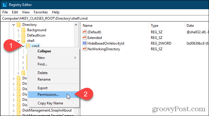 Haga clic derecho en una clave de registro y seleccione Permisos en el Editor del Registro de Windows