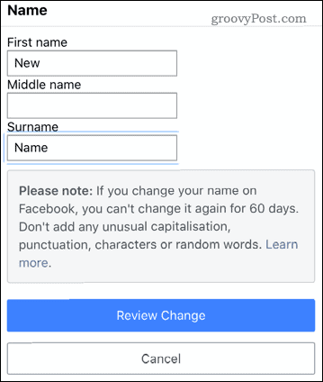Editar un nombre en la aplicación móvil de Facebook