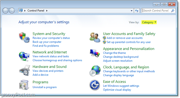 Panel de control de Windows 7 en vista de categoría