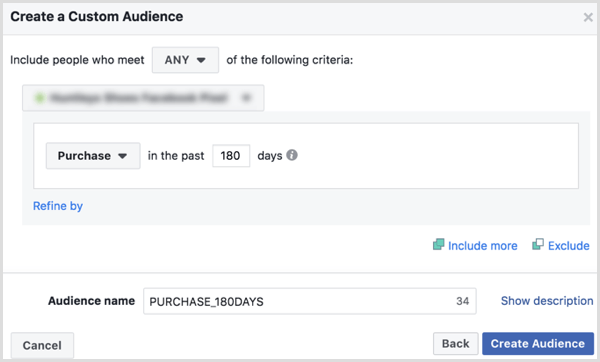 Elegir opciones para crear una audiencia personalizada de compradores en Facebook en los últimos 180 días