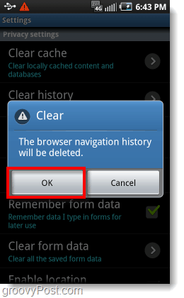 confirmar el historial de navegación borrar en el navegador del teléfono Android