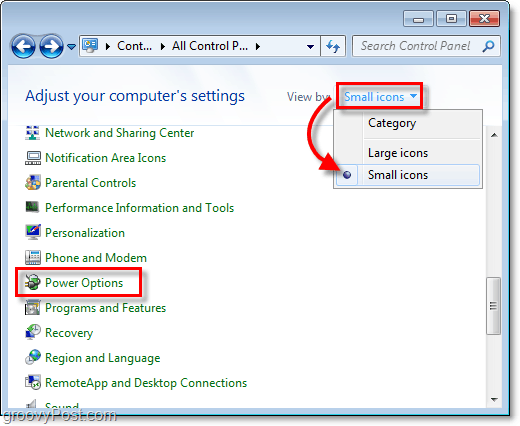 cambie el panel de control de Windows 7 para ver mediante pequeños iconos y luego haga clic en el botón de opciones de energía