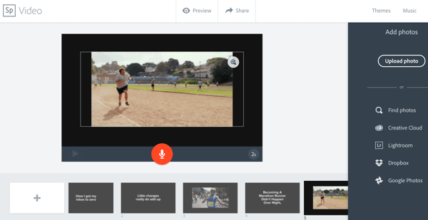 En Adobe Spark, puede seleccionar una plantilla y personalizarla con texto, imágenes y videoclips.