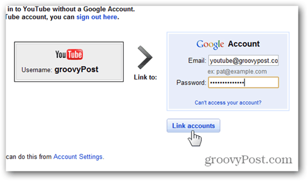 Enlace una cuenta de YouTube a una nueva cuenta de Google: ingrese la cuenta y la contraseña