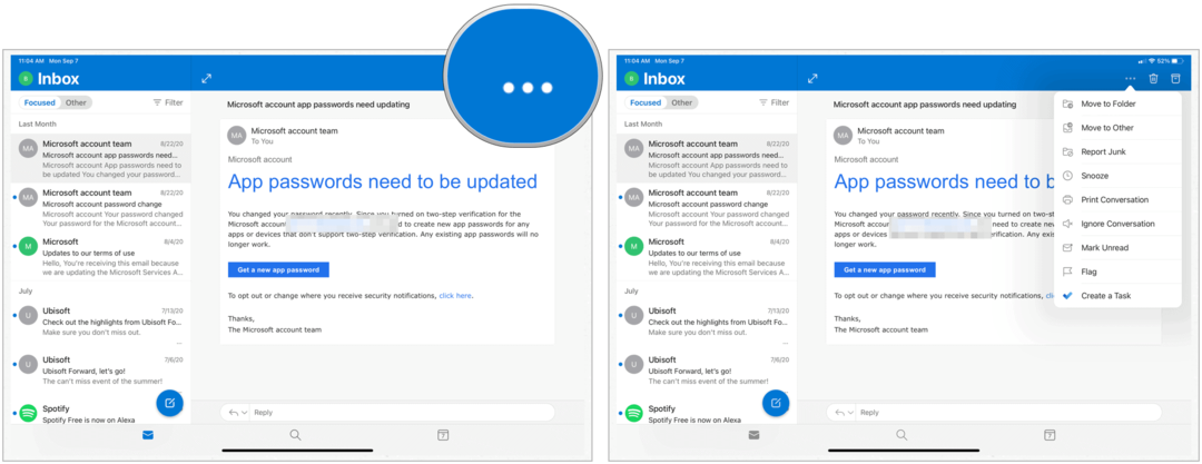 Acciones rápidas de Microsoft Outlook para iPad
