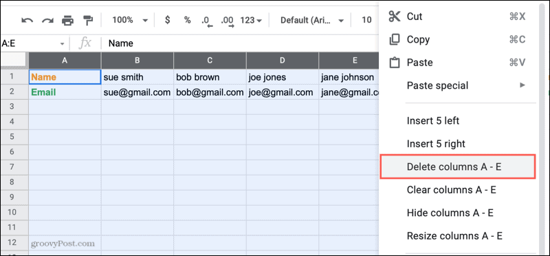 Eliminar columnas en Hojas de cálculo de Google