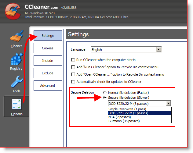 Configure CCleaner para limpiar y eliminar archivos de forma segura 3 veces o DOD 5220.22-M
