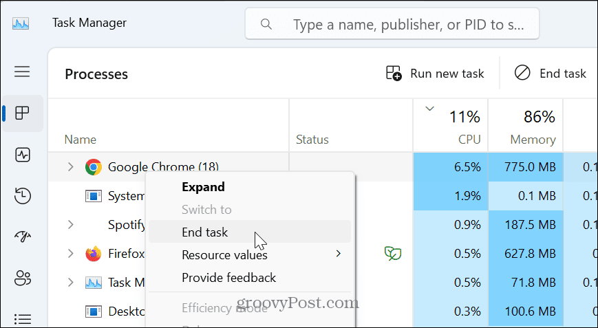 Uso de la CPU de la aplicación en Windows 11