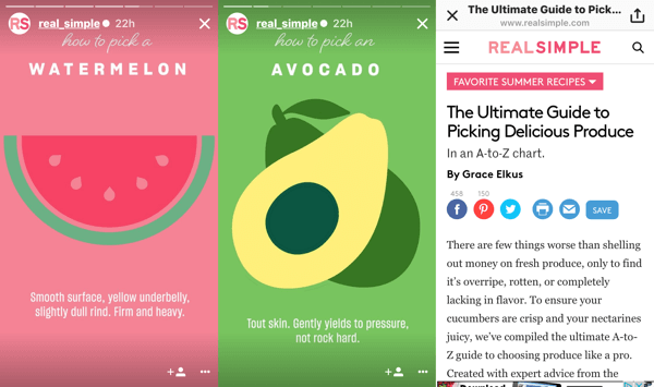 RealSimple creó una historia de Instagram basada en una publicación de blog sobre cómo elegir productos; al final de la historia, los espectadores pueden deslizar el dedo hacia arriba para leer la publicación original.