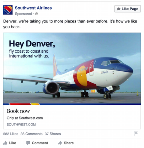 anuncio de facebook de Southwest Airlines