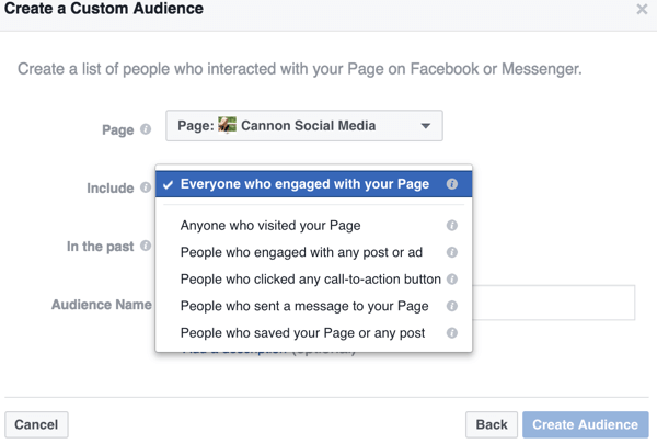 A medida que reduce las opciones para su audiencia personalizada de Facebook, encuentra formas específicas de definir la audiencia a la que desea dirigirse, como estas interacciones específicas de la página.