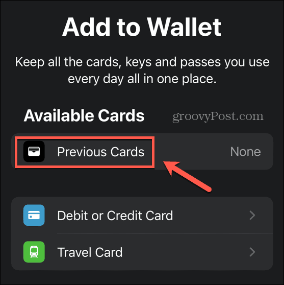 aplicación de billetera tarjetas anteriores