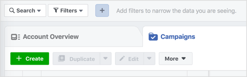 Haga clic en el botón Crear para iniciar una nueva campaña de Facebook.