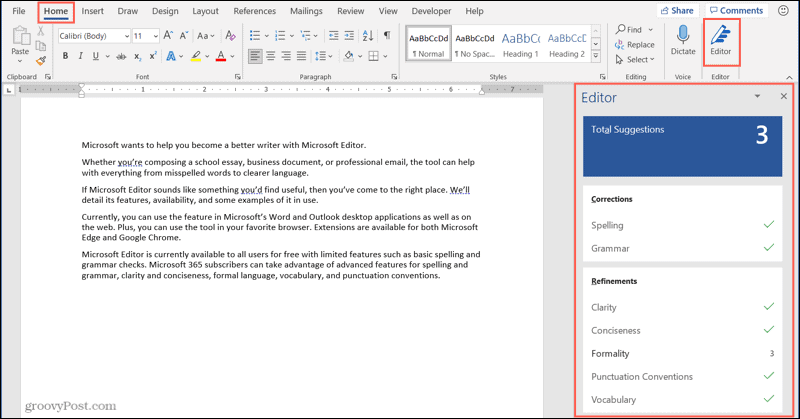 Botón y barra lateral de Microsoft Editor en el escritorio de Word