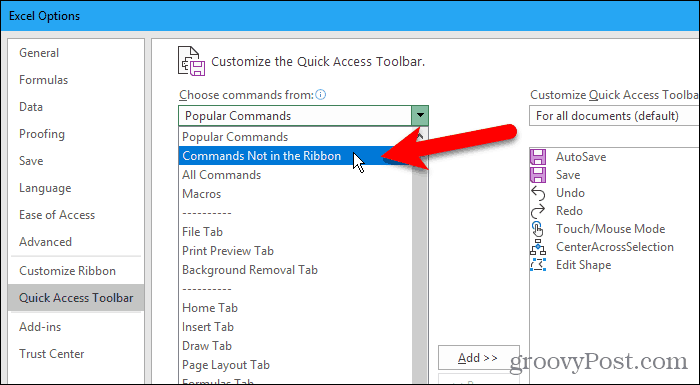 Seleccione los comandos que no están en la cinta de opciones en el cuadro de diálogo Opciones de Excel