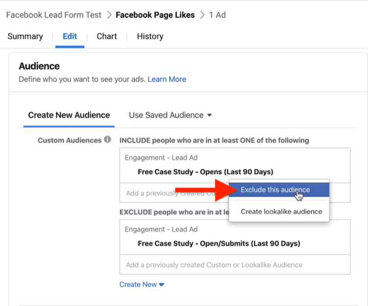 Excluir esta opción de audiencia en la sección de audiencia de la configuración de la campaña de Facebook