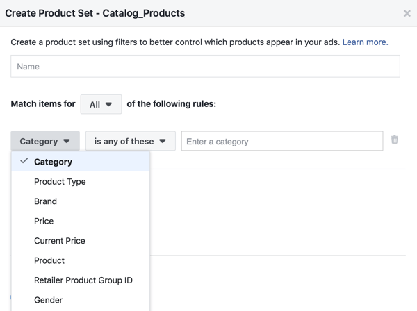 Utilice la herramienta de configuración de eventos de Facebook, paso 28, opción de menú de Facebook para aplicar filtros a los productos que se muestran a los clientes