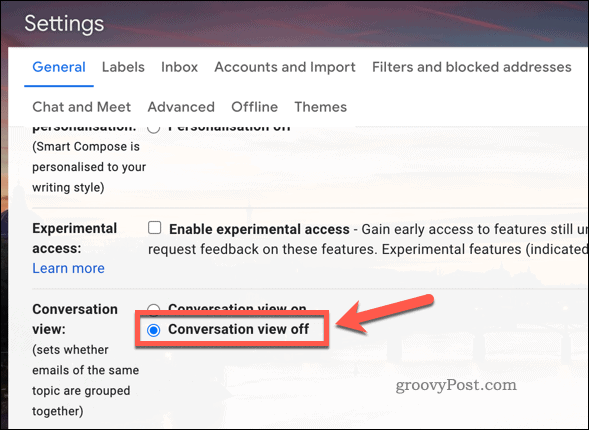 Deshabilitar la vista de conversación en la configuración de Gmail