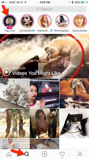 Instagram también presenta videos en vivo actuales en la pestaña Explorar.