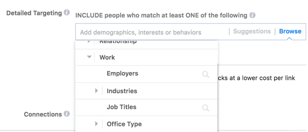 Facebook ofrece opciones de segmentación detalladas basadas en el trabajo de su audiencia.