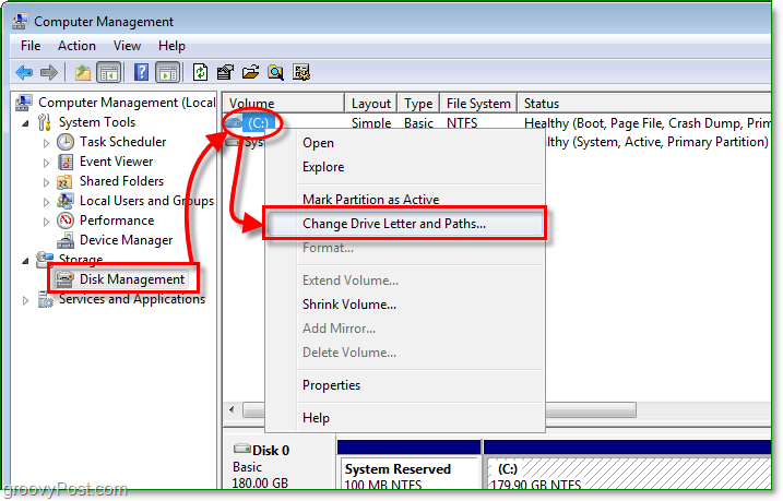 use la función de administración de disco para ingresar al diálogo de cambio de letra de unidad en Windows 7
