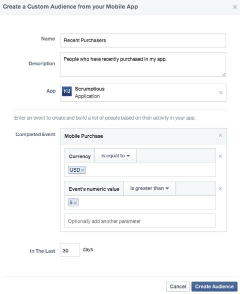 aplicación móvil de audiencia personalizada de facebook