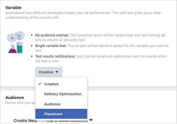 Seleccione Colocación como la variable para probar con la prueba dividida de Facebook