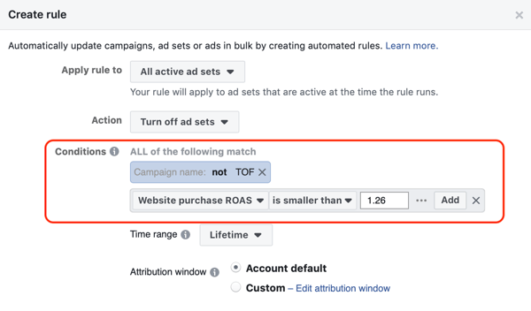 Use las reglas automatizadas de Facebook, detenga el conjunto de anuncios cuando el ROAS caiga por debajo del mínimo, paso 3, configuración de condiciones