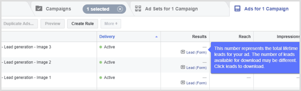 Resultados de anuncios de clientes potenciales de Facebook
