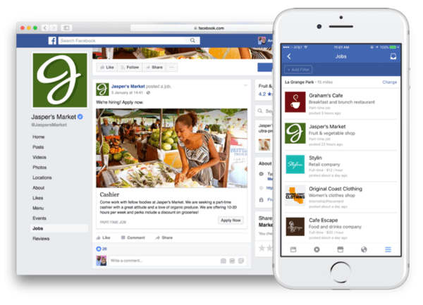 Facebook está implementando nuevas funciones que permiten la publicación de trabajos y la aplicación directamente en Facebook.