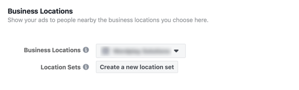 Opción para crear una nueva ubicación establecida para su anuncio comercial de Facebook.