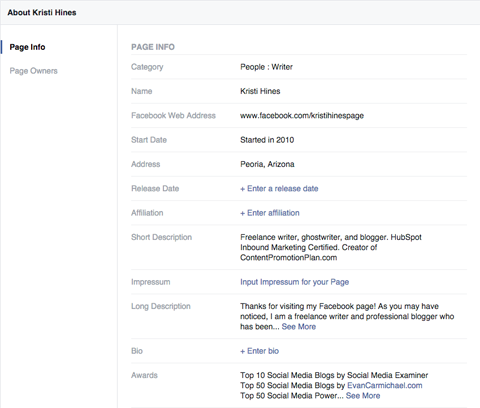 configuración de información de páginas de facebook