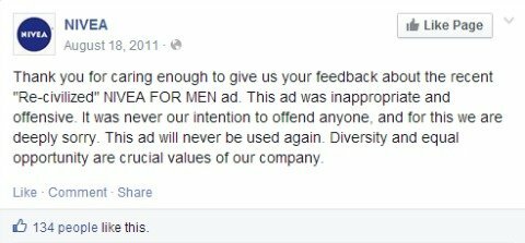 actualización de facebook de disculpa de nivea