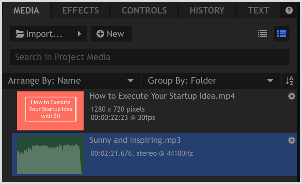 HitFilm Express importa archivos a la biblioteca multimedia