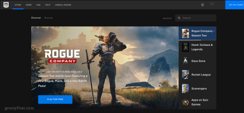 Una captura de pantalla que muestra el sitio web de Epic Games Store.
